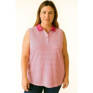 Cabin Creek Women's T-shirt Polo Pink Red White Striped Collared Sleeveless‎ PXL